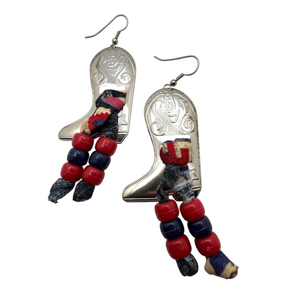Handcrafted Cowboy Boot Earrings Jewelry Set with Red/White/Blue Beaded Bracelet - Picture 3 of 8